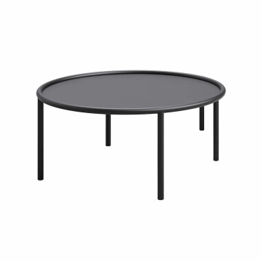 Okrągły, minimalistyczny stolik kawowy o bardzo prostej formie. Rama mebla, nogi i blat płynnie się przenikają.