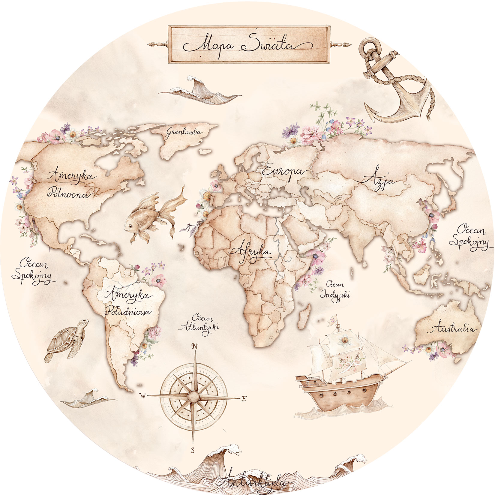 Mapa świata morska beżowa – naklejka w kole