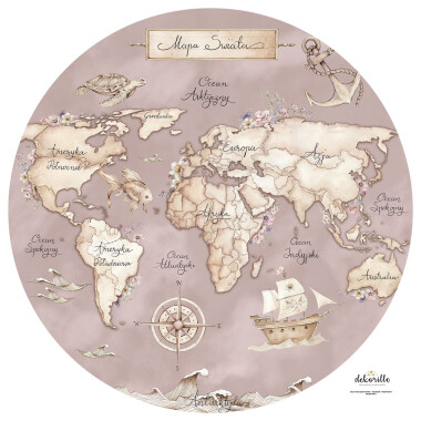 Mapa świata morska różowa – naklejka w kole