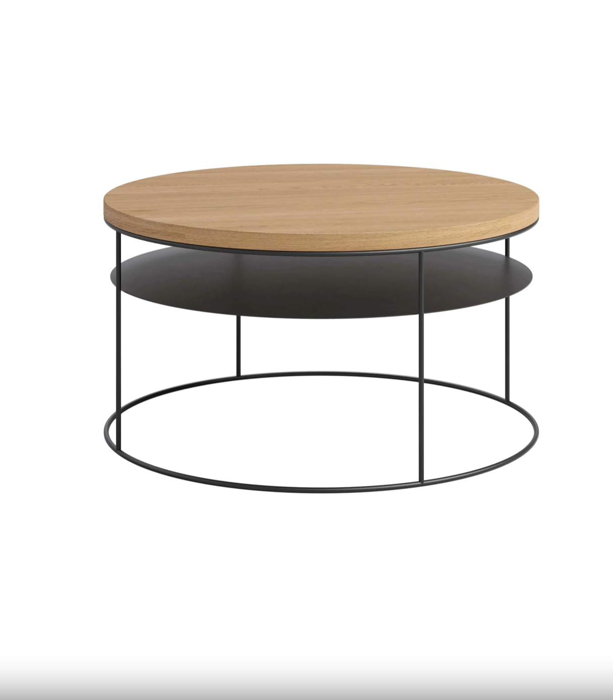 Nowoczesny, okrągły stolik kawowy z półką i dębowym blatem o średnicy 80 cm.