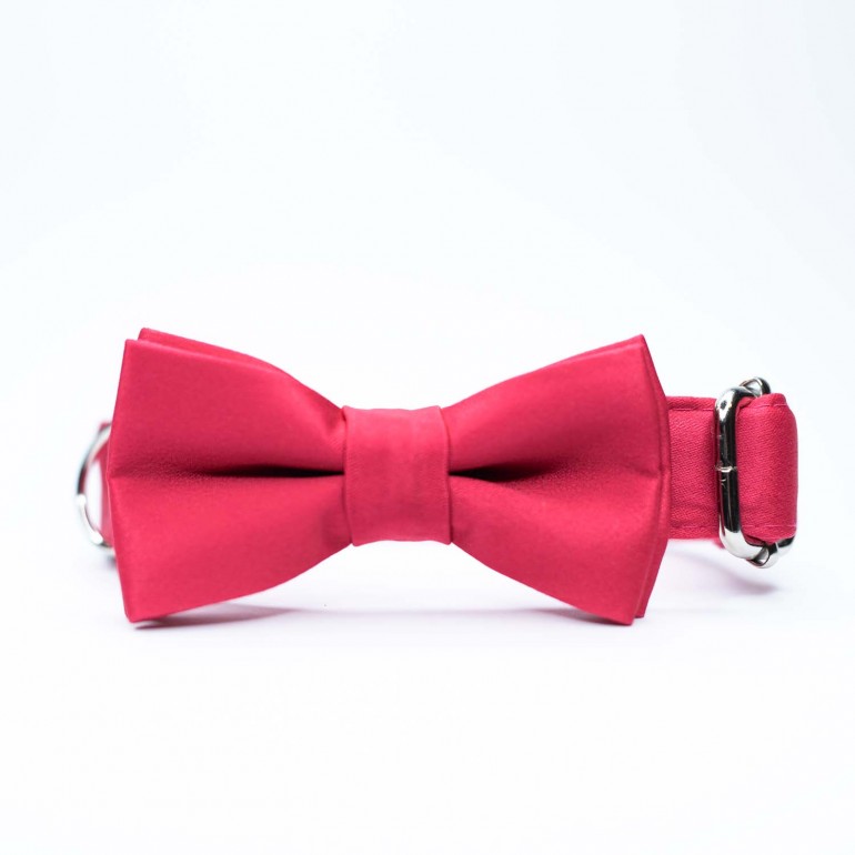 Różowa obroża z kokardką dla psa, zapinana na plastikową klamrę. Elegancka, klasyczna mucha dla psa.