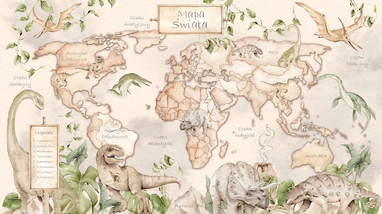 Plakat Mapa Świata Dinozaury beżowy
