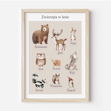 Plakat edukacyjny przedstawiający zwierzęta leśne, takie jak jeleń, lis, sowa i niedźwiedź, w naturalnym leśnym krajobrazie, zaprojektowany w stylu Montessori.