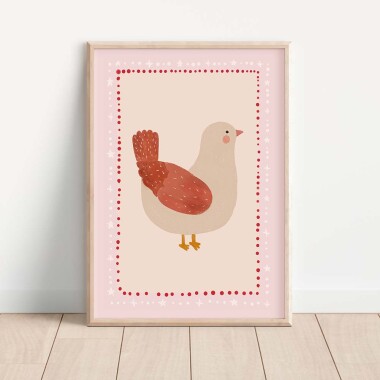 Pastelowy plakat z różowym ptaszkiem do pokoju dziecka – urocza i spokojna ilustracja ścienna.