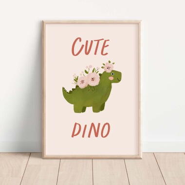 Plakat z dinozaurem i kwiatkami – przyjazna ilustracja do pokoju dziecka