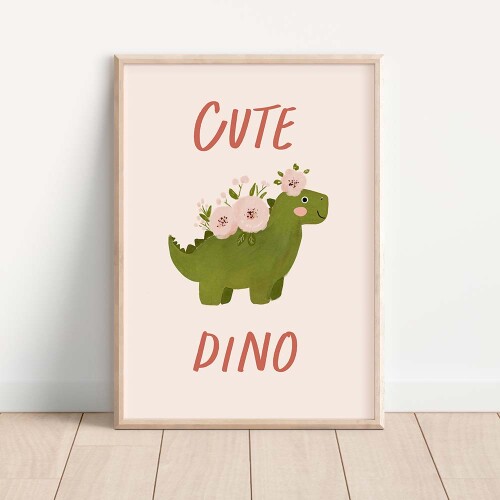 Plakat z dinozaurem i kwiatkami – przyjazna ilustracja do pokoju dziecka