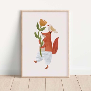Plakat z liskiem i kwiatkiem – pastelowa ilustracja do dziecięcego wnętrza