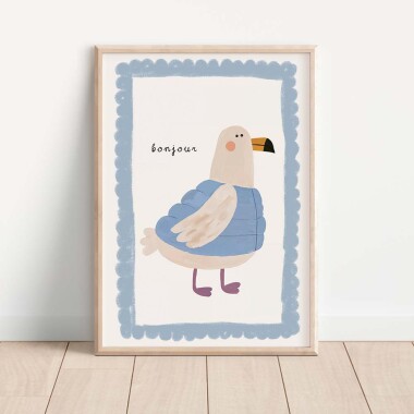 Plakat dziecięcy z mewą i napisem „Bonjour” – pastelowa, delikatna dekoracja do pokoju malucha