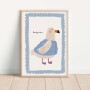 Plakat dziecięcy z mewą i napisem „Bonjour” – pastelowa, delikatna dekoracja do pokoju malucha