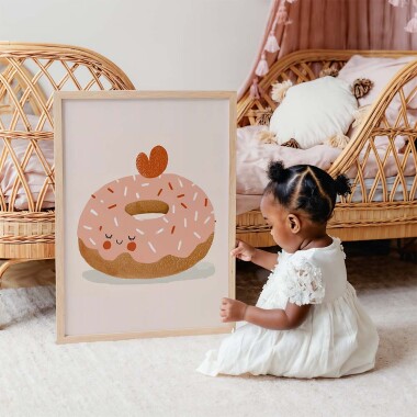 Pastelowy plakat ilustrowany z pączkiem/donutem -kolorowy z odcieniach różu