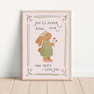 Plakat do pokoju dziecka z króliczkiem trzymającym kwiatek i napisem I LOVE YOU – dekoracja pełna miłości