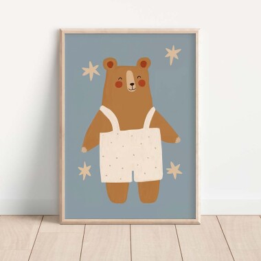 Pastelowy ciepły ilustrowany plakat do pokoju dziecka miś Teodor