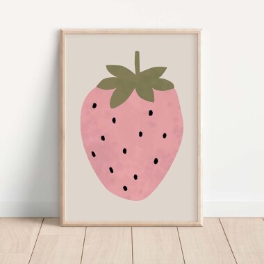 Pastelowy ilustrowany plakat do pokoju dziecka z różową truskawką.