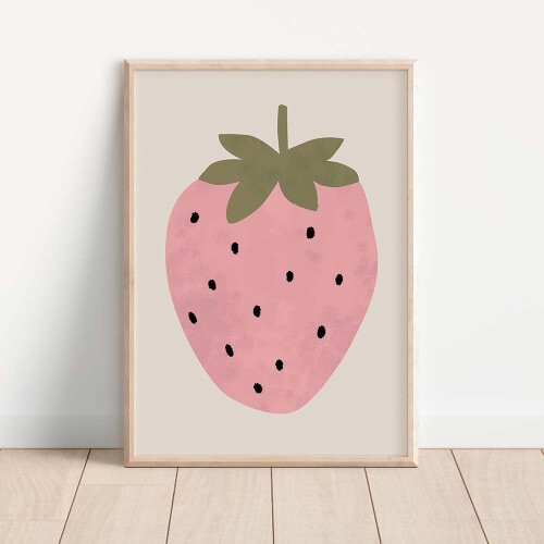 Pastelowy ilustrowany plakat do pokoju dziecka z różową truskawką.