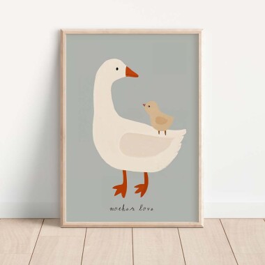 Pastelowy ilustrowany plakat z gąską i jej maleństwem