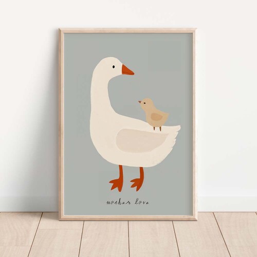 Pastelowy ilustrowany plakat z gąską i jej maleństwem