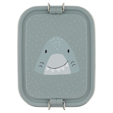 Szary stalowy pojemnik lunchbox dla dziecka z triceratopsem.