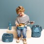 Niebieski stalowy pojemnik lunchbox dla dziecka z triceratopsem.