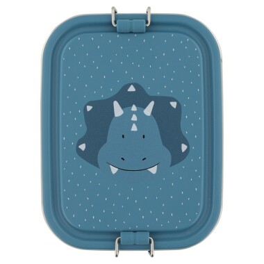 Niebieski stalowy pojemnik lunchbox dla dziecka z triceratopsem.