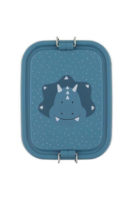 Niebieski stalowy pojemnik lunchbox dla dziecka z triceratopsem.