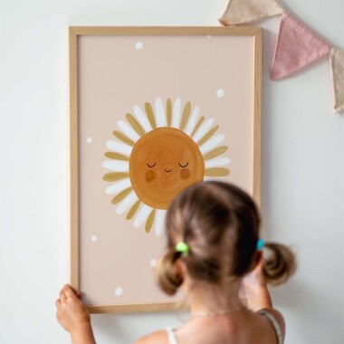 Plakat Słońce - Plakaty Na Ścianę Dla Dzieci, pomarańczowe słońce na różowo- łososiowym tle