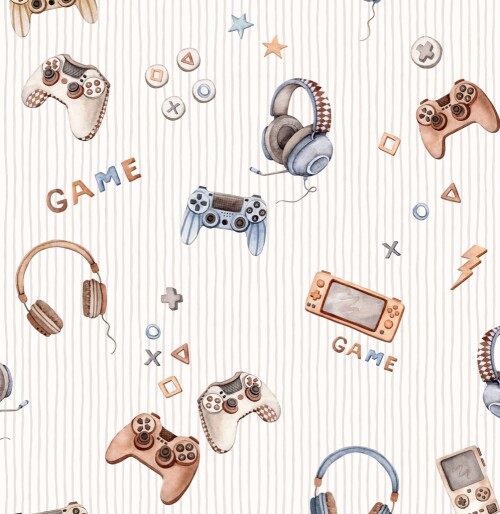 Tapeta na ścianę kremowa z grami komputerowymi, słuchawkami napisami game