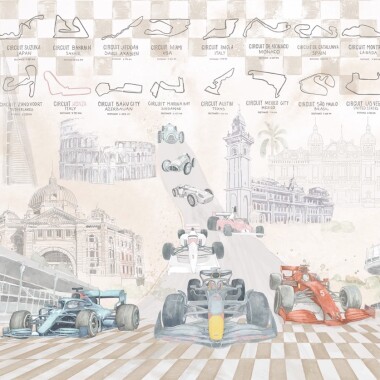 Mural z bolidami wyścigowymi F1 w pokoju dziecka