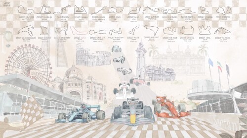 Mural z bolidami wyścigowymi F1 w pokoju dziecka