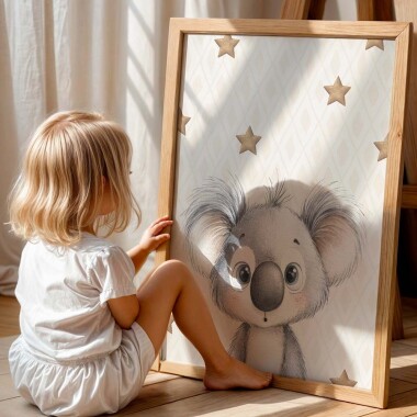 Plakat do pokoju dziecka przedstawiający beżową koalą z gwiazdkami