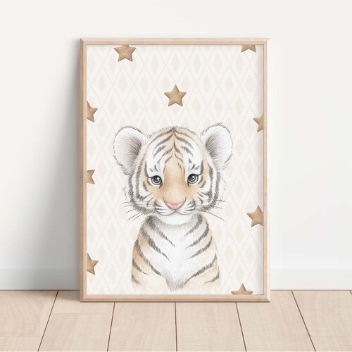Plakat do pokoju dziecka przedstawiający beżowym tygrysem z gwiazdkami