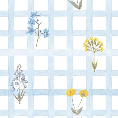 Tapeta w niebieska kratkę i polne kwiaty na białym tle.