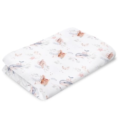 Kołderka bambusowa biała w skarby oceanu- wieloryby, skrzynie skarbów, żółwie