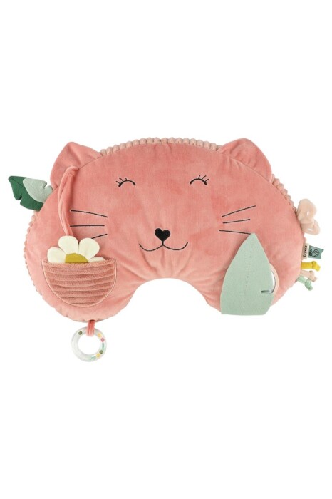 Poduszka aktywizująca dla niemowlaka wykonana z miękkich i bezpiecznych materiałów – połączenia bawełny organicznej, poliestru i poliestru z recyklingu. Zawiera Lusterko z listkiem do zabawy „a kuku”, grzechoczące koraliki, dzwoneczek i różnorodne tekstury.