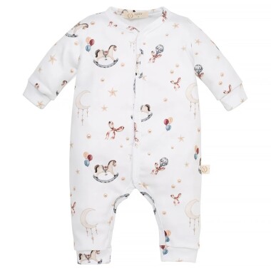 Biały pampers z bawełny organicznej w koniki na biegunach, kokardki i balony