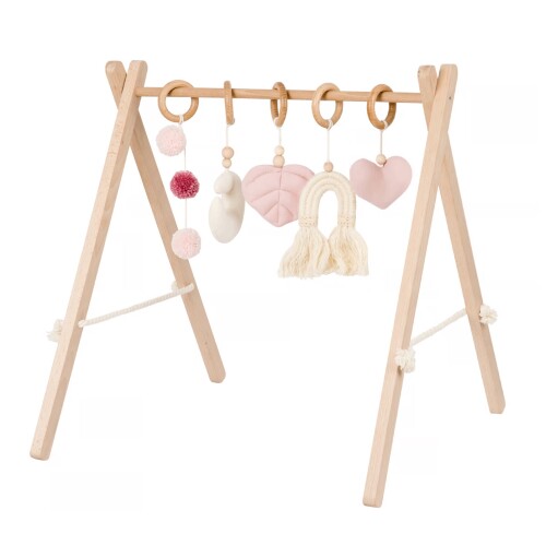 Baby gym to minimalistyczny, edukacyjny stojak dla niemowląt, wykonany z drewna bukowego o wysokiej jakości.