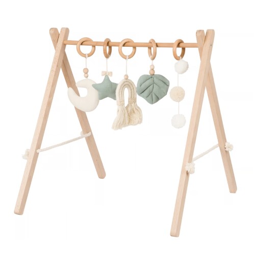 Baby gym to minimalistyczny, edukacyjny stojak dla niemowląt, wykonany z drewna bukowego o wysokiej jakości.