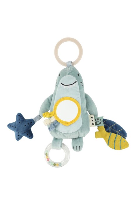 Zabawna zawieszka to źródło wielu niespodzianek: grzechoczący pierścień z koralikami, szeleszczący papier, lusterko „a kuku” oraz zabawne sznureczki do pociągania