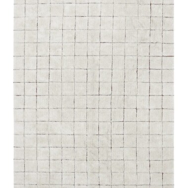 Zainspirowany tradycyjnymi płytkami w stylu vintage, ten dywan ma prosty wzór mozaiki w naturalnym kolorze na podstawie z płótna w kolorze toffi, które zostało częściowo odsłonięte