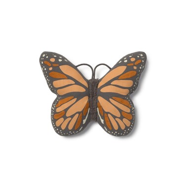Szaro- pomarańczowo- czerwona poduszka motyl do pokoju dziecka.