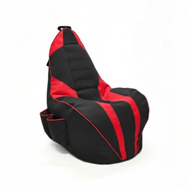 Czerwono-czarny puf inspirowany fotelami z aut wyścigowych.