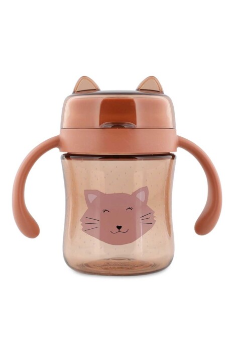 Przezroczysty różowy kubek z tritanu dla niemowląt Trixie z higieniczną przykrywką. Kotek.