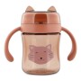 Przezroczysty różowy kubek z tritanu dla niemowląt Trixie z higieniczną przykrywką. Kotek.
