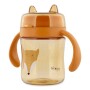 Przezroczysty pomarańczowy kubek z tritanu dla niemowląt Trixie z higieniczną przykrywką. Lis