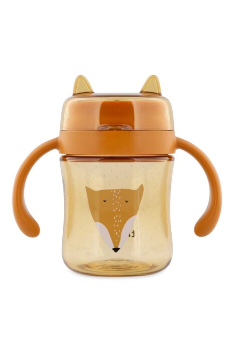 Przezroczysty pomarańczowy kubek z tritanu dla niemowląt Trixie z higieniczną przykrywką. Lis