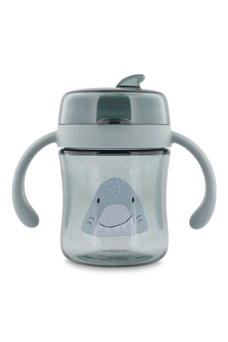 Przezroczysty szary kubek z tritanu dla niemowląt Trixie z higieniczną przykrywką. Rekin