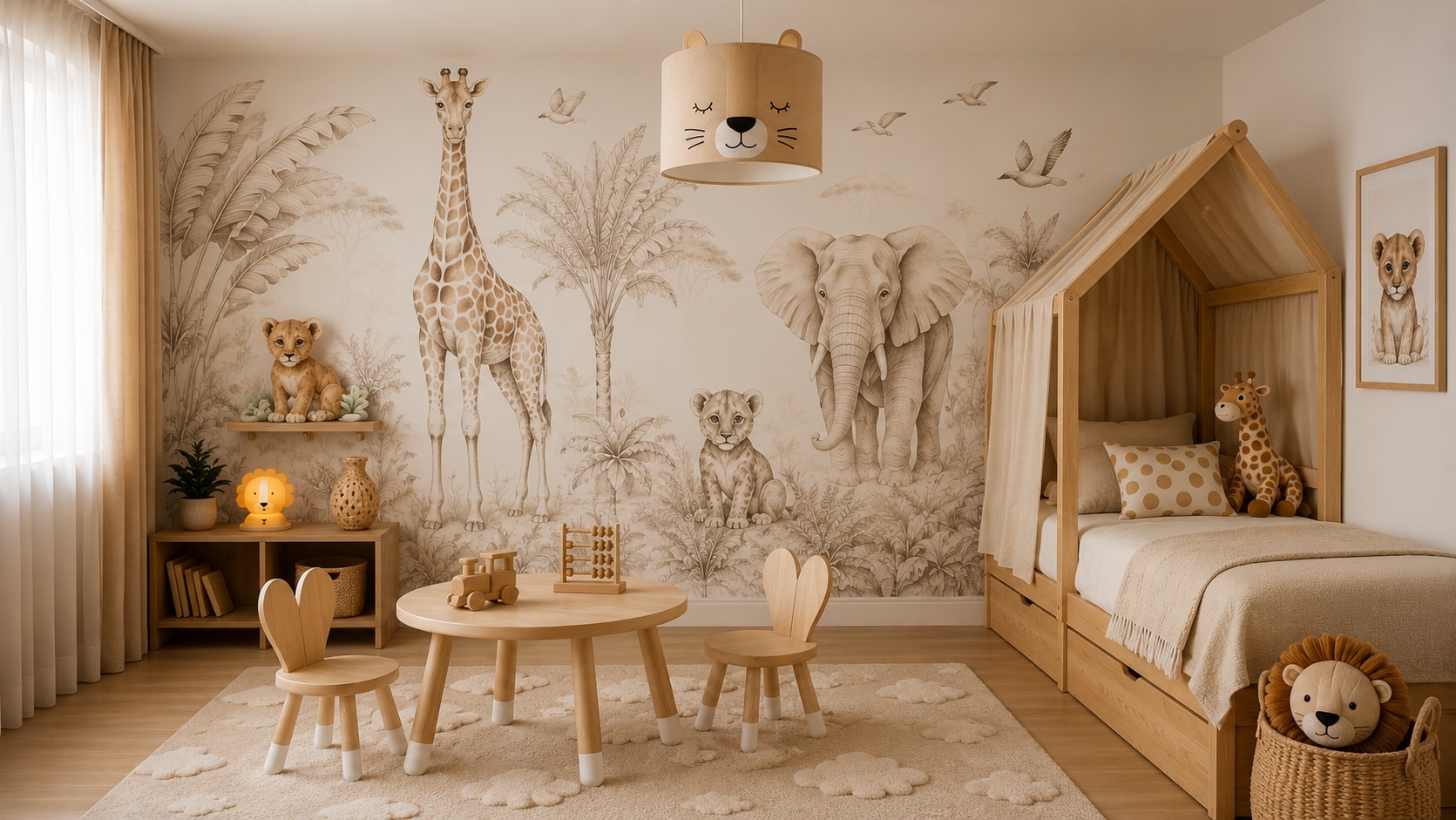 Pokój dziecięcy ze zwierzętami Afryki w stylu safari sepia