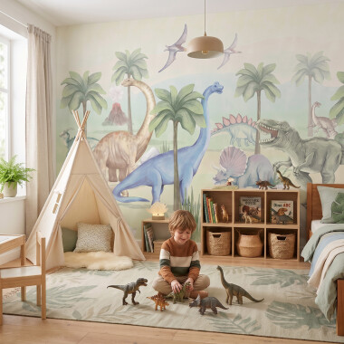Tapeta mural dla dzieci z dinozaurami – tyranozaur, triceratops i prehistoryczny świat