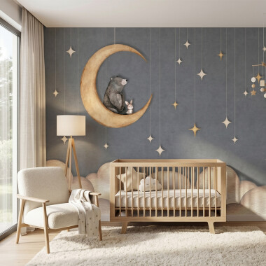 Tapeta mural dla dzieci z misiem na księżycu, gwiazdkami i chmurkami do pokoju niemowlaka