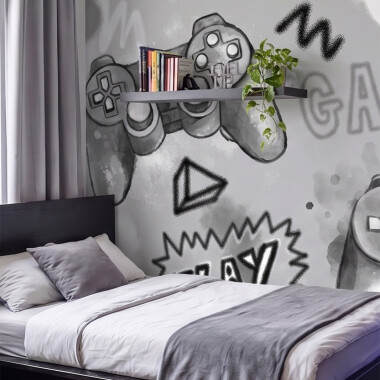 Tapeta mural Gaming z padami do konsoli i napisami Game Zone do pokoju gracza