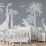 Tapeta dla dzieci Monochrome Dino Niebieska z białymi dinozaurami i palmami na błękitnym tle